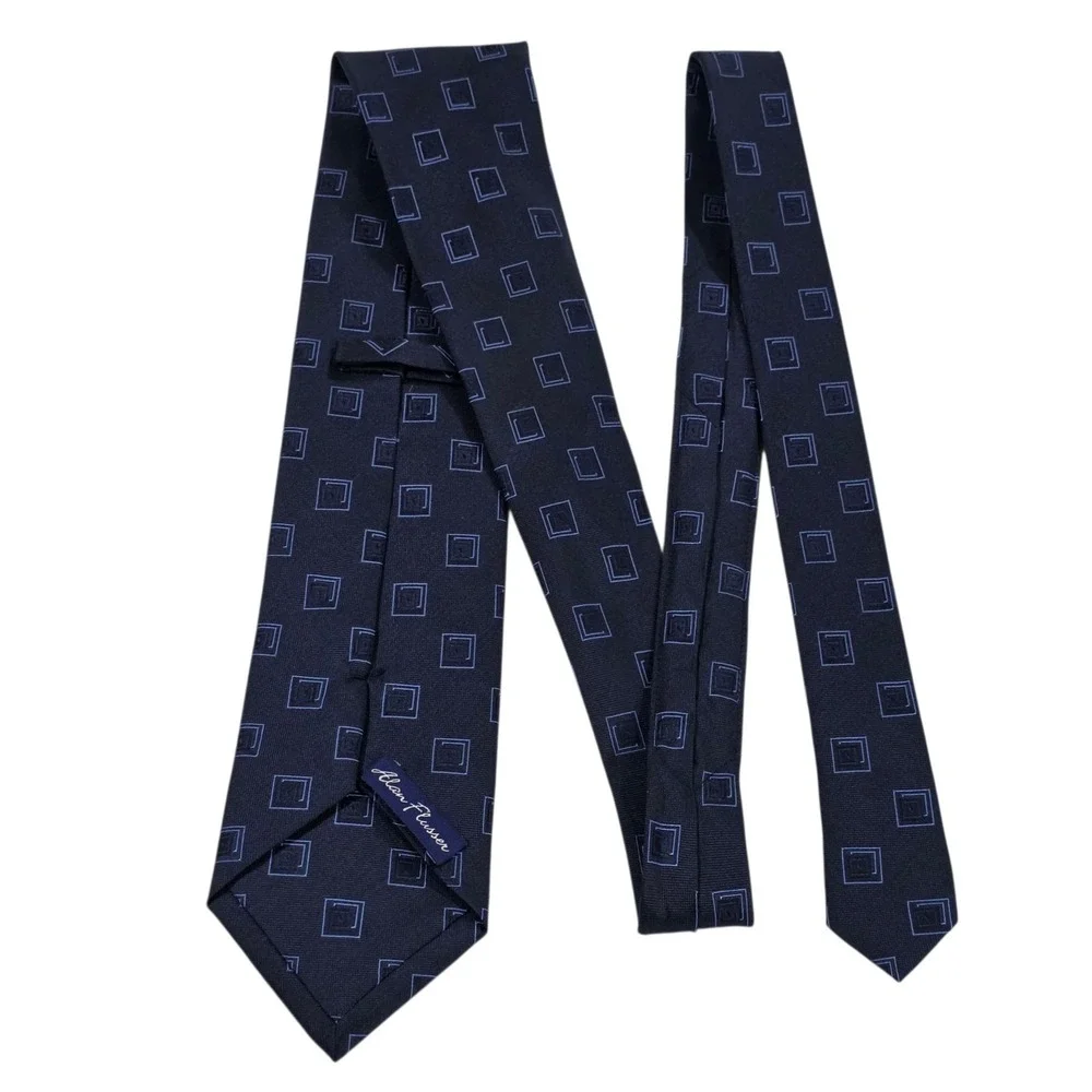 Alan Flusser‎ Mens Silk Necktie Square Pattern Blue Handmade Luxury Formal